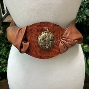 Handmade Leather Belt OOAK Tie Wrap 43” Brown Reptile Lizard Boho Artsy Festival